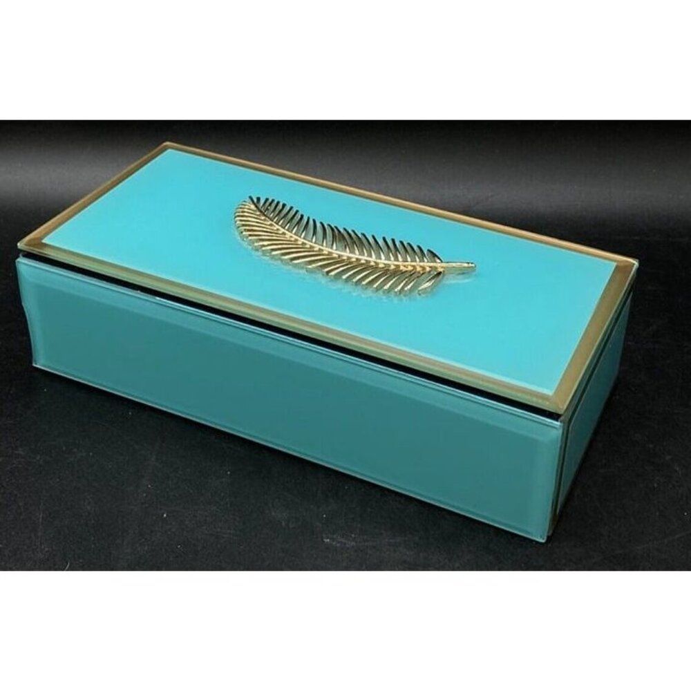 Jewelry Case Teal With Gold Feather Storage Box Black Velvet Lined Box - Picture 4 of 9